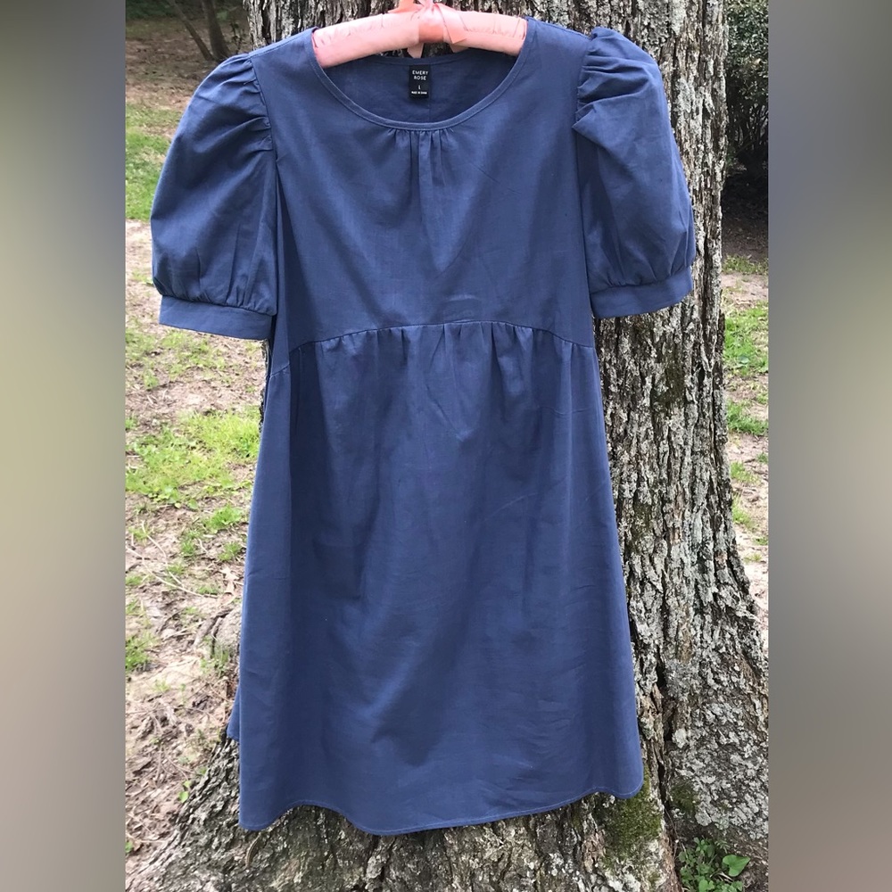 Emory Rose Navy Blue puff sleeve linen dress size Large - Picture 1 of 3